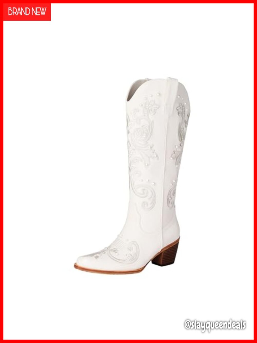 Pearl Embroidered Cowboy Boots Women Mid Calf Chunky Heel Western Boots Faux